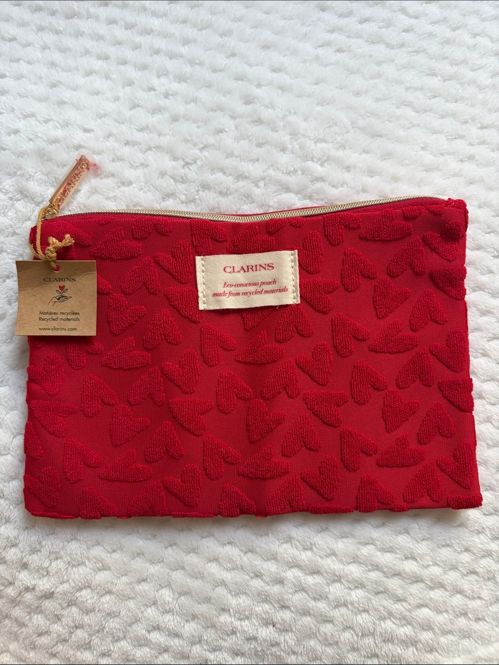 Clarins Red Heart-Pattern Cosmetic Pouch with Gold Zip Trim